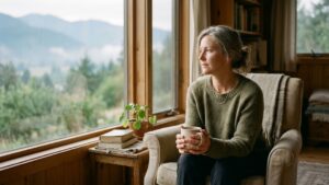Woman sitting alone on couch in dimly lit living room, with headline "Eating in Secret Is a Symptom, Not a Character Flaw" by Sandy Zeldis.
