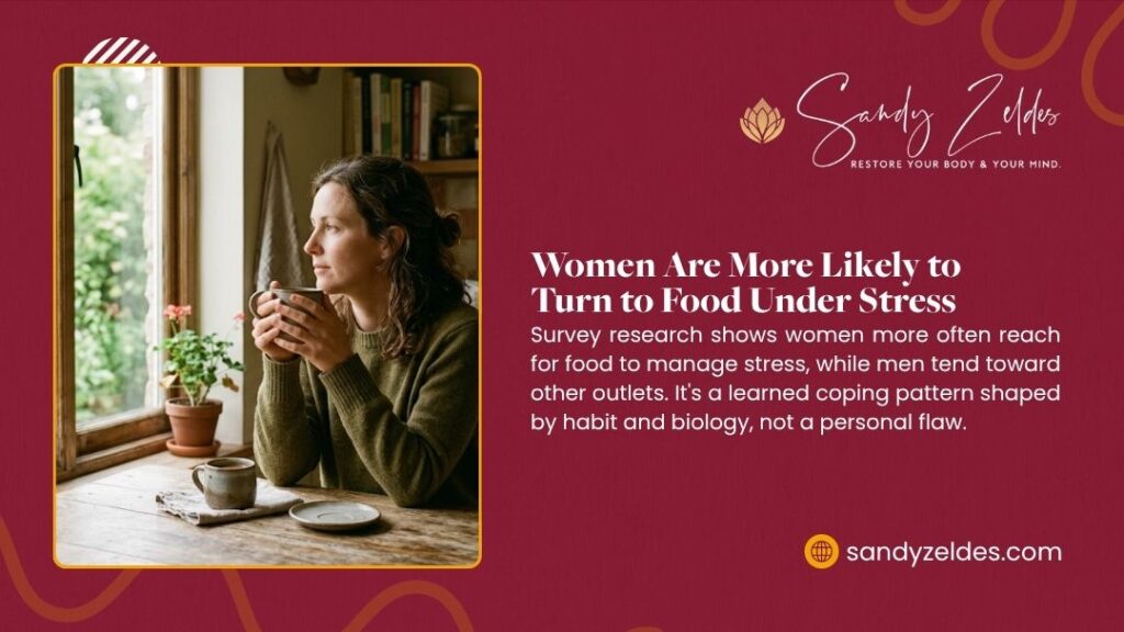 Woman in green sweater holding mug and looking out window thoughtfully, with headline "Women Are More Likely to Turn to Food Under Stress" by Sandy Zeldis.