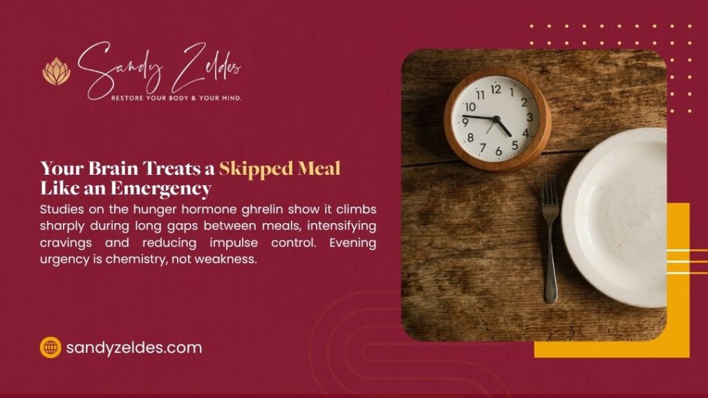 Wooden clock, empty plate and fork on wooden table, with headline "Your Brain Treats a Skipped Meal Like an Emergency" by Sandy Zeldis