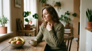 Woman sitting thoughtfully at a kitchen table with a fruit bowl and mug, one hand at her collarbone, reflecting on whether EFT tapping helps food noise.