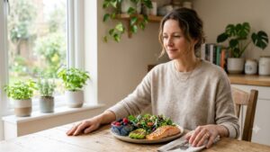 Woman sitting calmly at a kitchen table with a balanced plate of salmon, avocado, salad and berries, using natural GLP-1 foods to ease cravings and food noise.