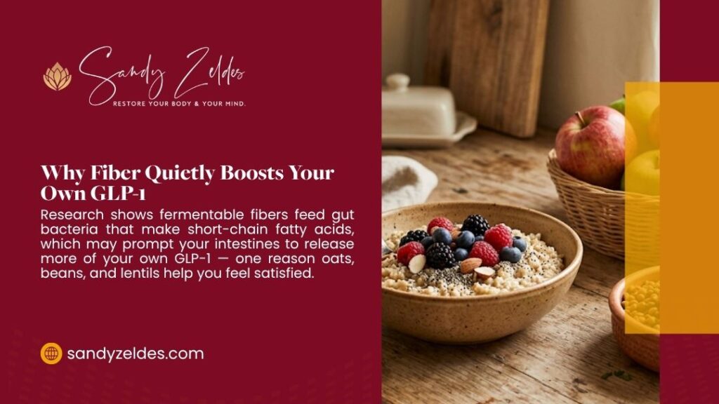 Sandy Zeldes graphic explaining how fermentable fiber feeds gut bacteria that make short-chain fatty acids to boost your own GLP-1, beside a bowl of oats topped with berries and nuts.