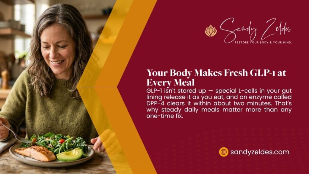 Sandy Zeldes graphic explaining the body makes fresh GLP-1 at every meal via gut L-cells, cleared by DPP-4 in about two minutes, beside a woman eating a salmon and avocado salad.