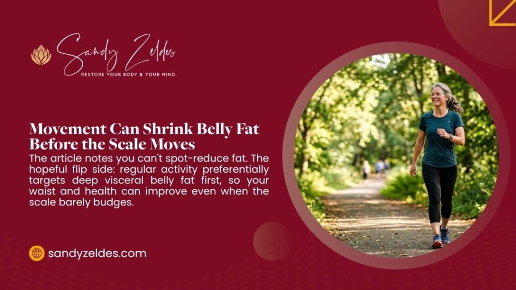 Sandy Zeldes graphic on how movement targets visceral belly fat, with a woman walking on a wooded trail.