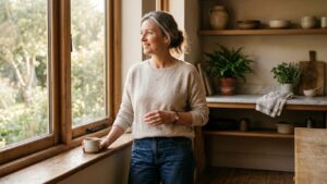 A smiling woman holding a mug gazes out a kitchen window in a warm, plant-filled home.
