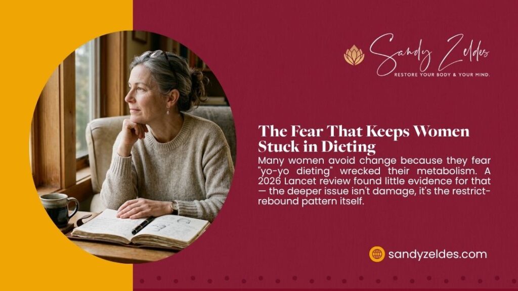 Sandy Zeldes graphic on yo-yo dieting fears and metabolism, with a woman gazing out a window beside a journal.