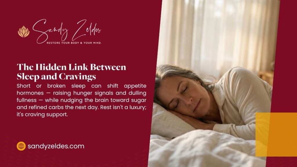 Woman sleeping peacefully to support healthy appetite hormones and reduce cravings with Sandy Zeldes.