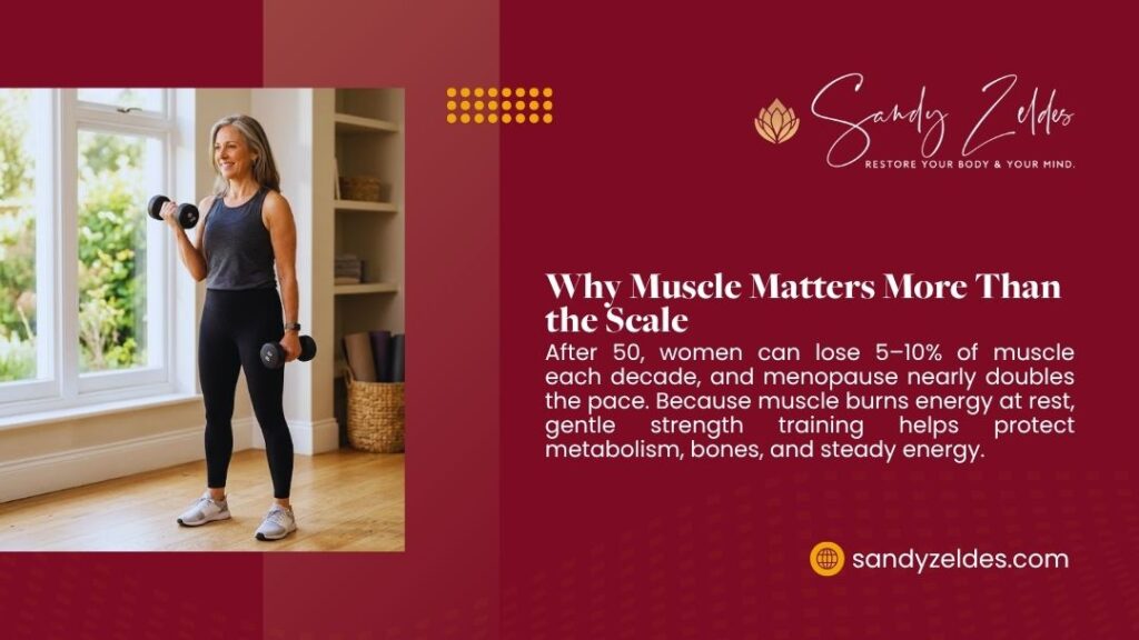 Woman over 50 lifting dumbbells to build muscle and protect metabolism after menopause with Sandy Zeldes.