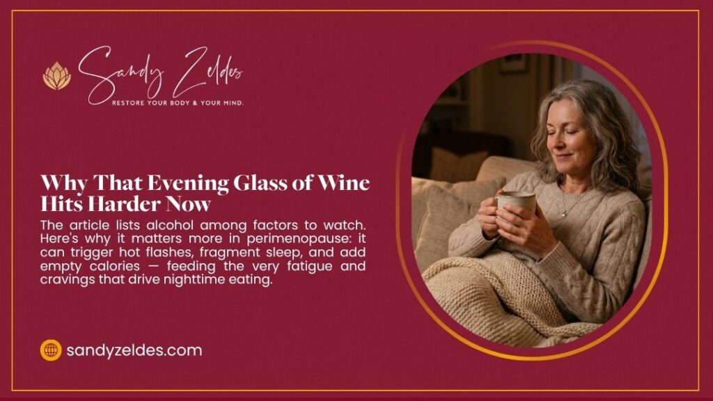 Sandy Zeldes graphic on how alcohol affects perimenopause, with a woman relaxing on a couch holding a mug.