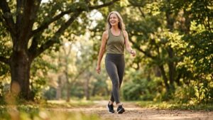 Smiling woman walking outdoors to support weight loss and reduce stress after menopause with Sandy Zeldes.