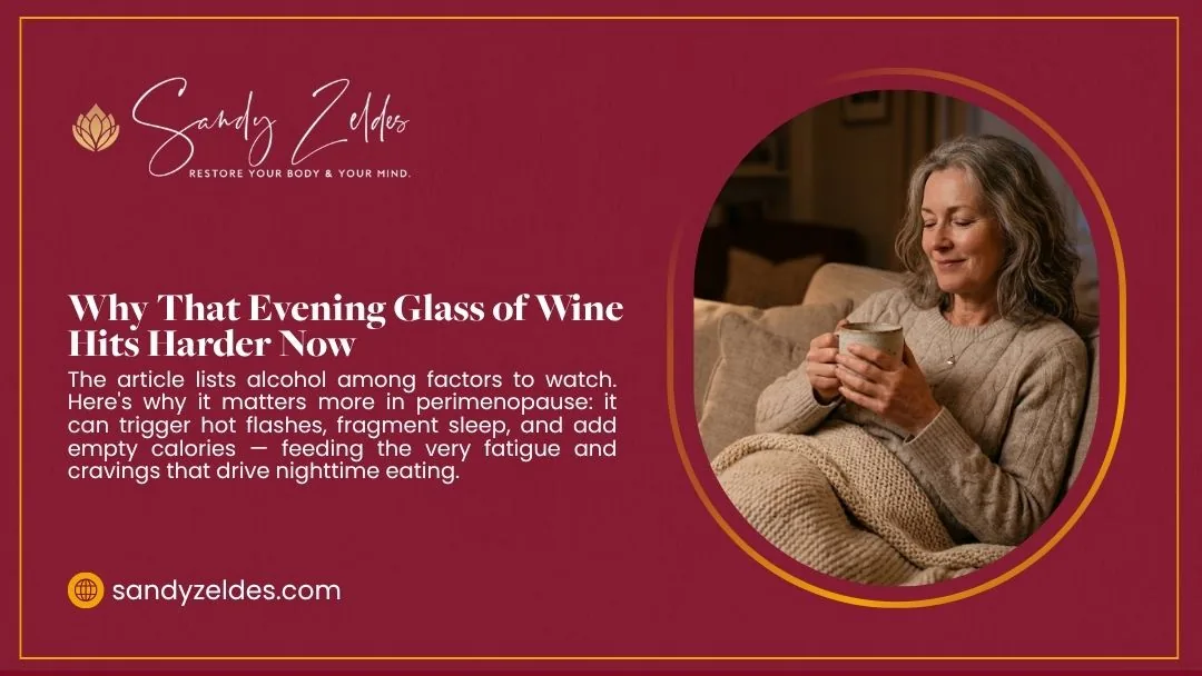 Sandy Zeldes graphic on how alcohol affects perimenopause, with a woman relaxing on a couch holding a mug.