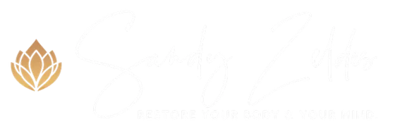 Logo for Sandy Zeldes featuring a gold lotus icon, elegant script text of the name