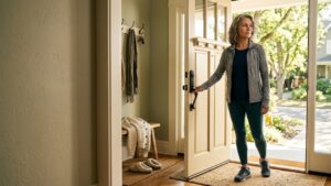 Woman in athletic wear standing in open doorway looking outside illustrating comfort zone challenges with weight loss after 45