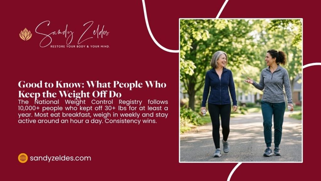 Two women walking outdoors illustrating habits of people who keep weight off from National Weight Control Registry study