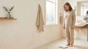 Woman standing on bathroom scale looking down illustrating weight regain after dieting