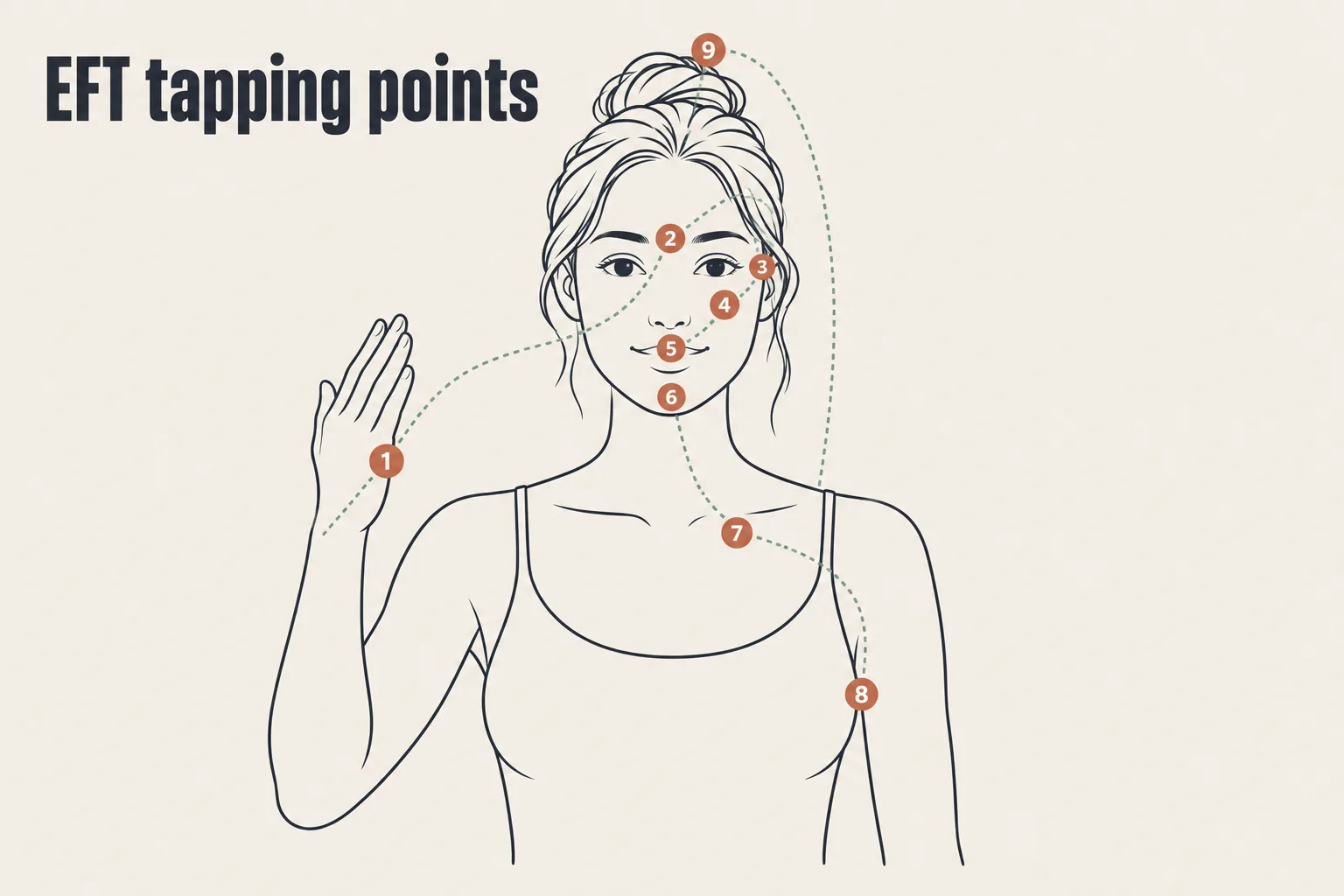 Diagram of the nine EFT tapping points numbered in order: side of hand, eyebrow, side of eye, under eye, under nose, chin, collarbone, under arm, and top of head