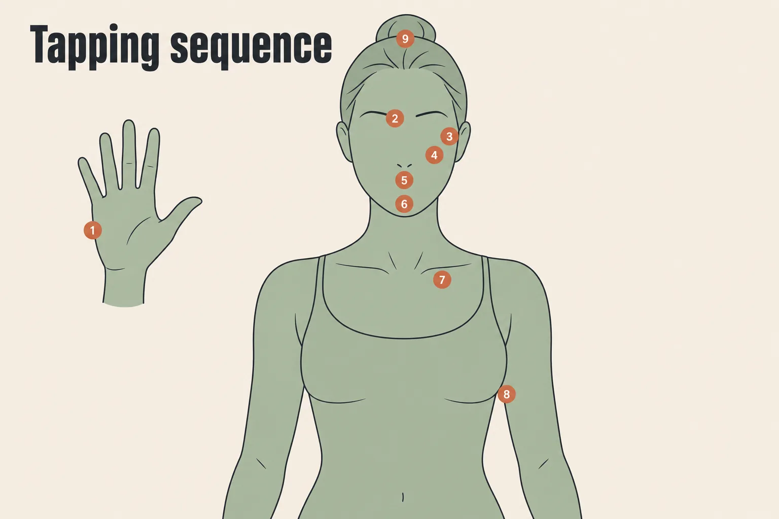 Diagram of the nine EFT tapping points in order, from the side of the hand through the face and collarbone to the top of the head