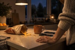 A half-open snack bag on a dimly lit kitchen counter in the evening, with a woman's hand resting beside it as she pauses