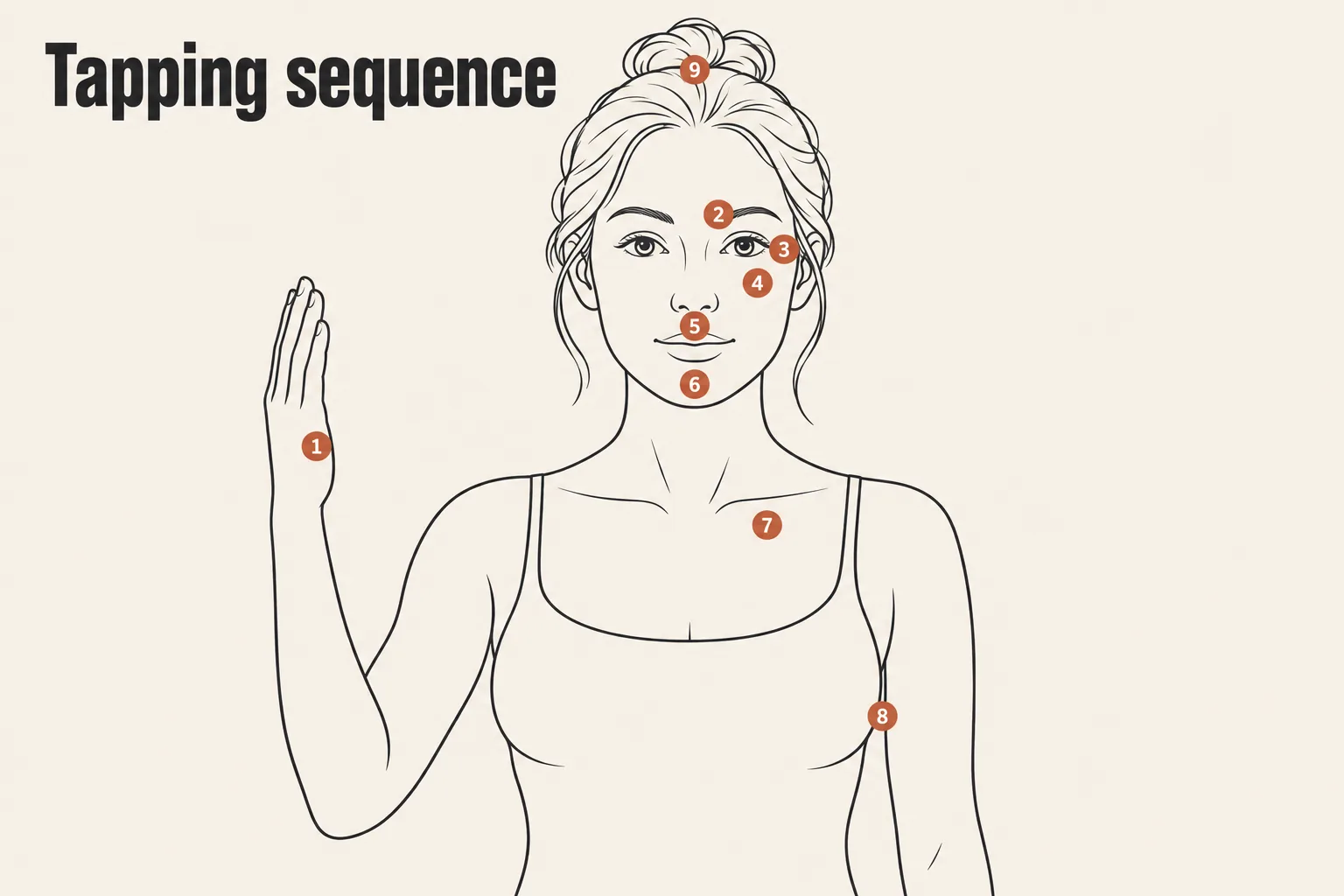 Line drawing of the upper body showing the nine EFT tapping points in order: side of the hand, eyebrow, side of the eye, under the eye, under the nose, chin, collarbone, under the arm, and top of the