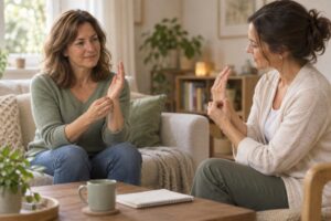 A practitioner shows a woman how to tap gently on the side of her hand during a guided EFT tapping session