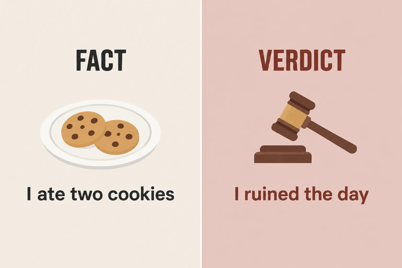 Side-by-side card contrasting the fact 'I ate two cookies' with the self-judgment 'I ruined the day'