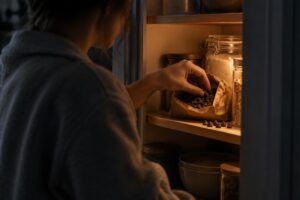 A tired woman's hand reaching into a bag of chocolate chips at a softly lit pantry late at night