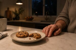 Two cookies on a small plate on a kitchen counter at night, one half-eaten, with a woman's hand resting beside the plate