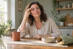 Woman in her late 40s at a kitchen table tapping her eyebrow point with two fingertips while a snack bag sits pushed aside