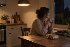 Woman sitting alone at a kitchen table in the evening, holding a mug and looking thoughtful, a quiet moment that may involve emotional eating