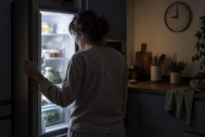 A woman standing at an open fridge in a dim kitchen late in the evening, lit only by the fridge light
